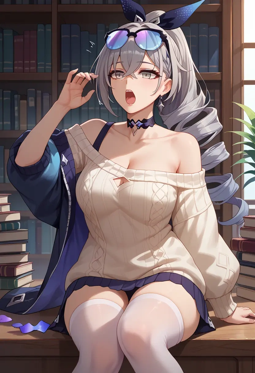 star rail,silver wolf,Yawning,off-shoulder,sweater,stockings  - 